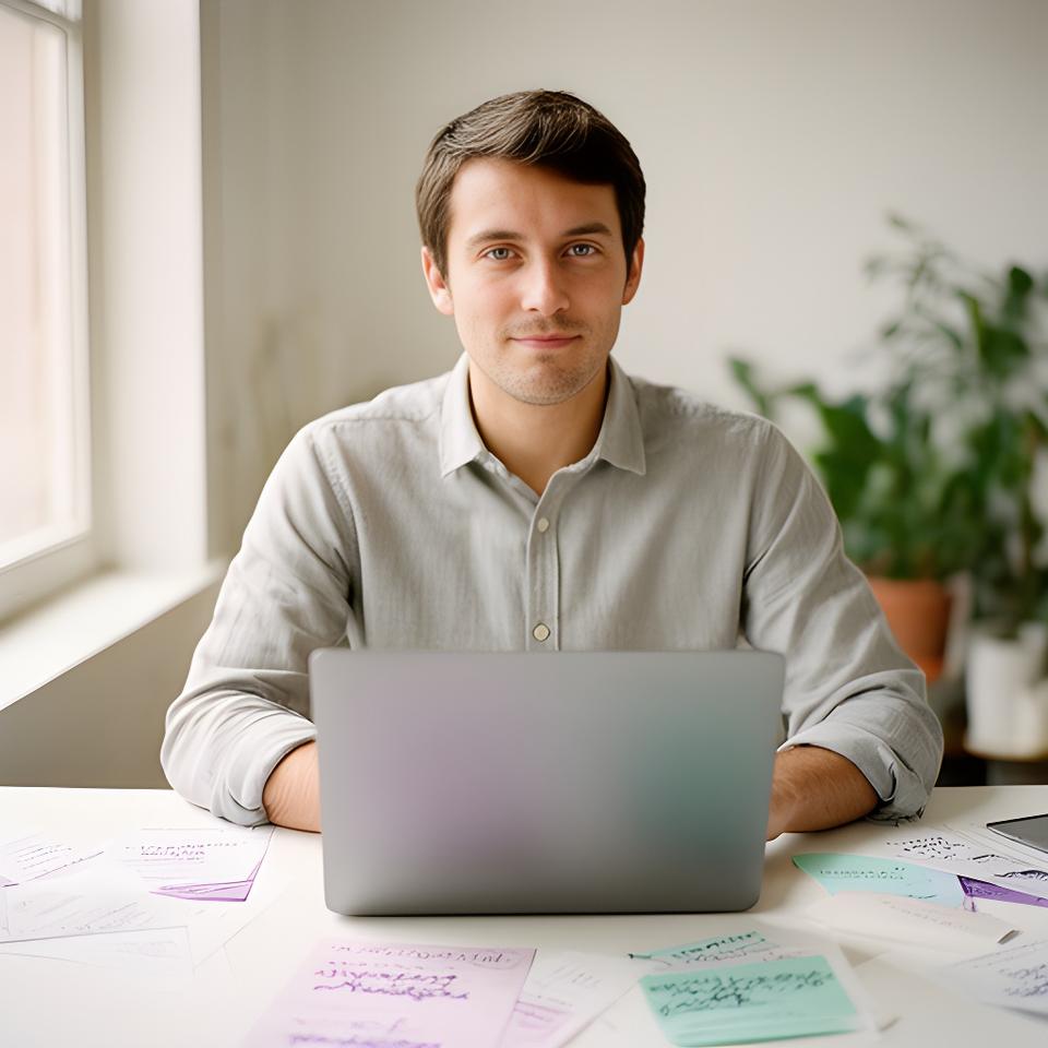 Founder working on accounting tools in a bright Vancouver studio with a laptop and handwritten notes