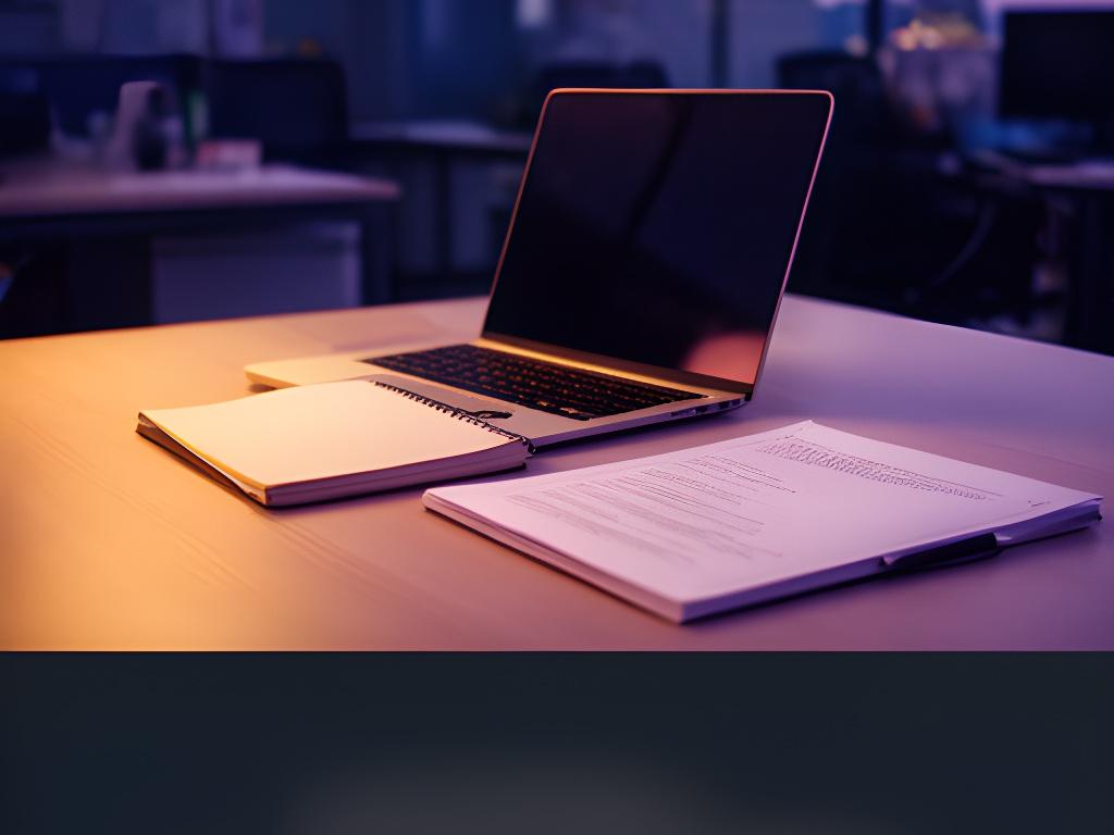 Modern Vancouver office desk with a laptop, notebook, and soft evening lighting