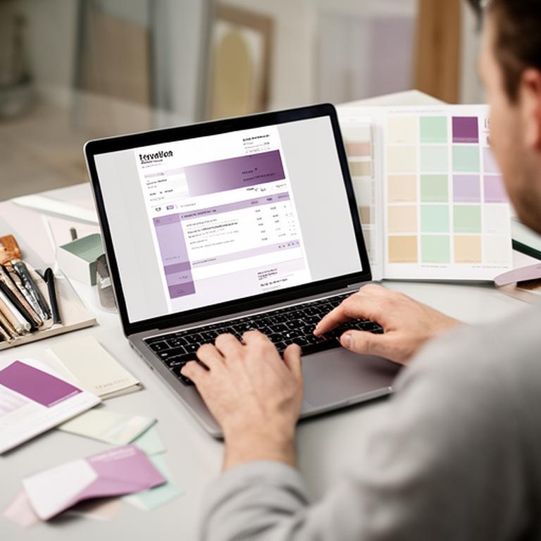 Creative professional adjusting a branded invoice layout on a laptop beside a colour palette board