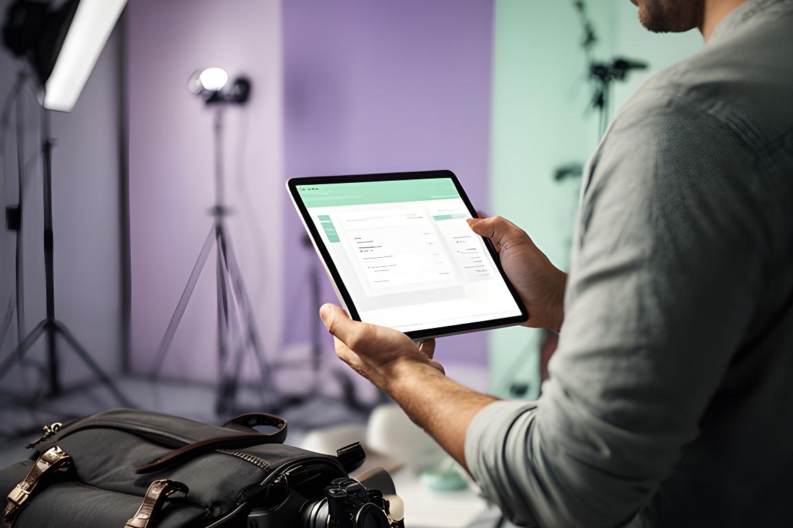 Photographer reviewing a polished invoice on a tablet beside a camera bag in a modern studio