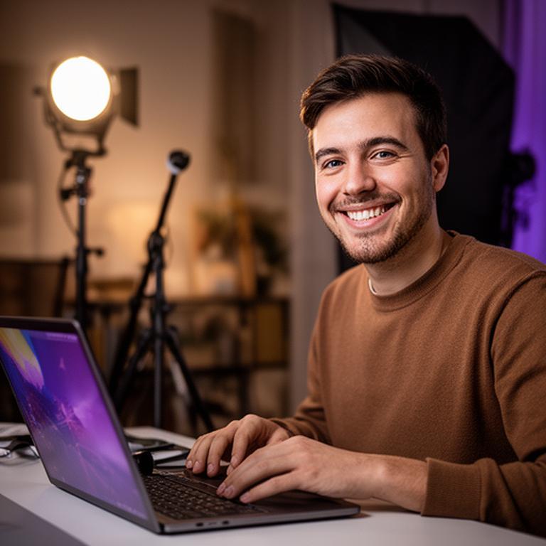 Content creator smiling with a laptop open in a cosy home studio with lighting equipment nearby