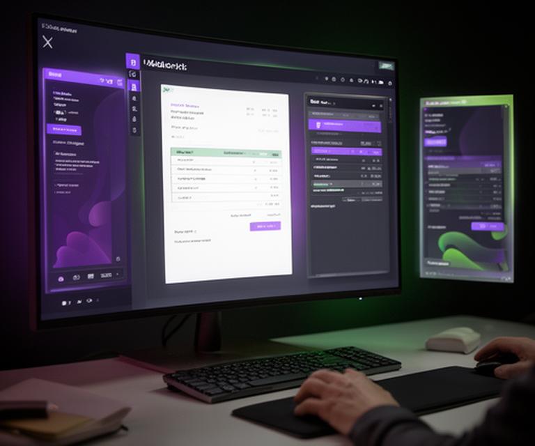 Freelancer editing an invoice template on a large monitor with live preview panels beside it