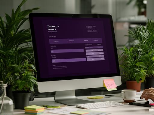 Milestone invoice design displayed on a desktop monitor in a freelance office with plants and notes