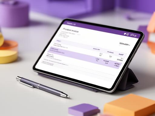 Project invoice preview on a tablet beside colour swatches and a pen on a creative desk