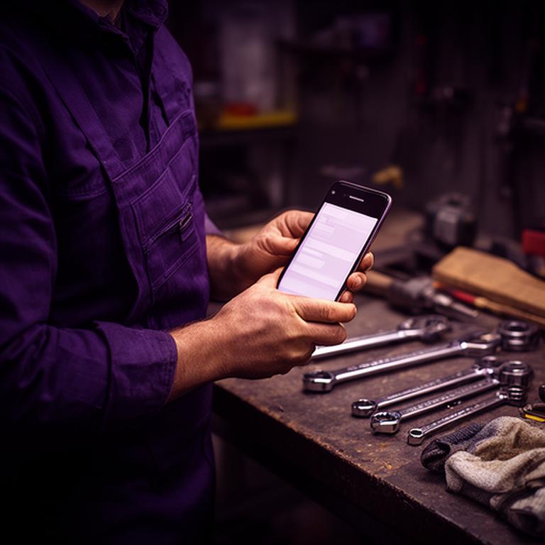 Handyman in a workshop holding a phone beside a workbench with invoice details on screen
