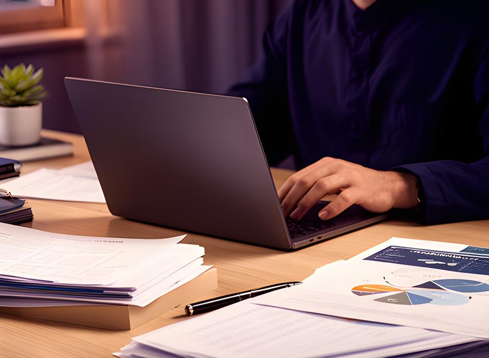 Founder working at a tidy desk with accounting notes, a laptop, and a warm studio light