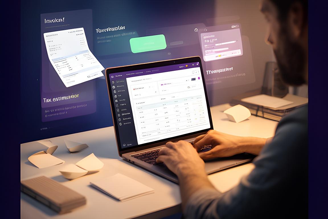 Freelancer reviewing invoices, tax estimates, and plan options on a modern accounting dashboard at a desk