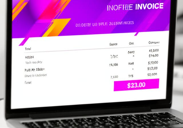 Bold invoice template with a striking top banner and strong totals section on a laptop screen