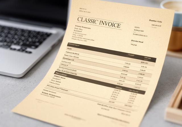 Classic invoice template printed beside a laptop with formal typography and a balanced header