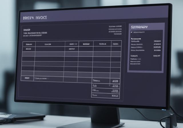 Corporate invoice template on a monitor with precise columns and a formal summary panel