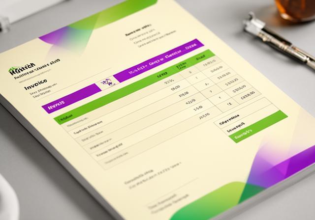 Creative invoice template shown with a playful accent block and a custom logo in a studio setting