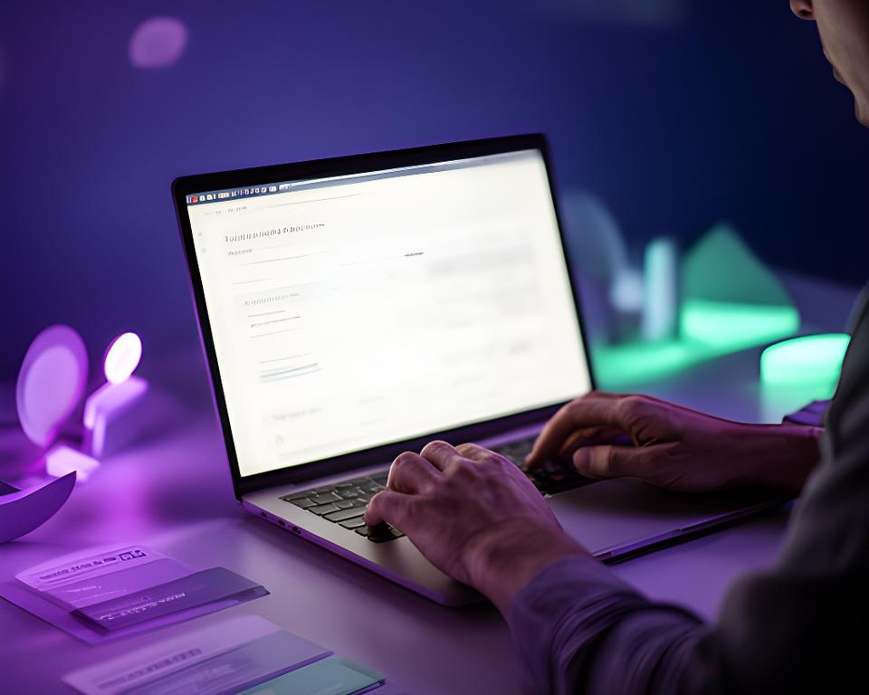 Freelancer reviewing accounting plan cards on a laptop in a dim workspace with soft neon lighting