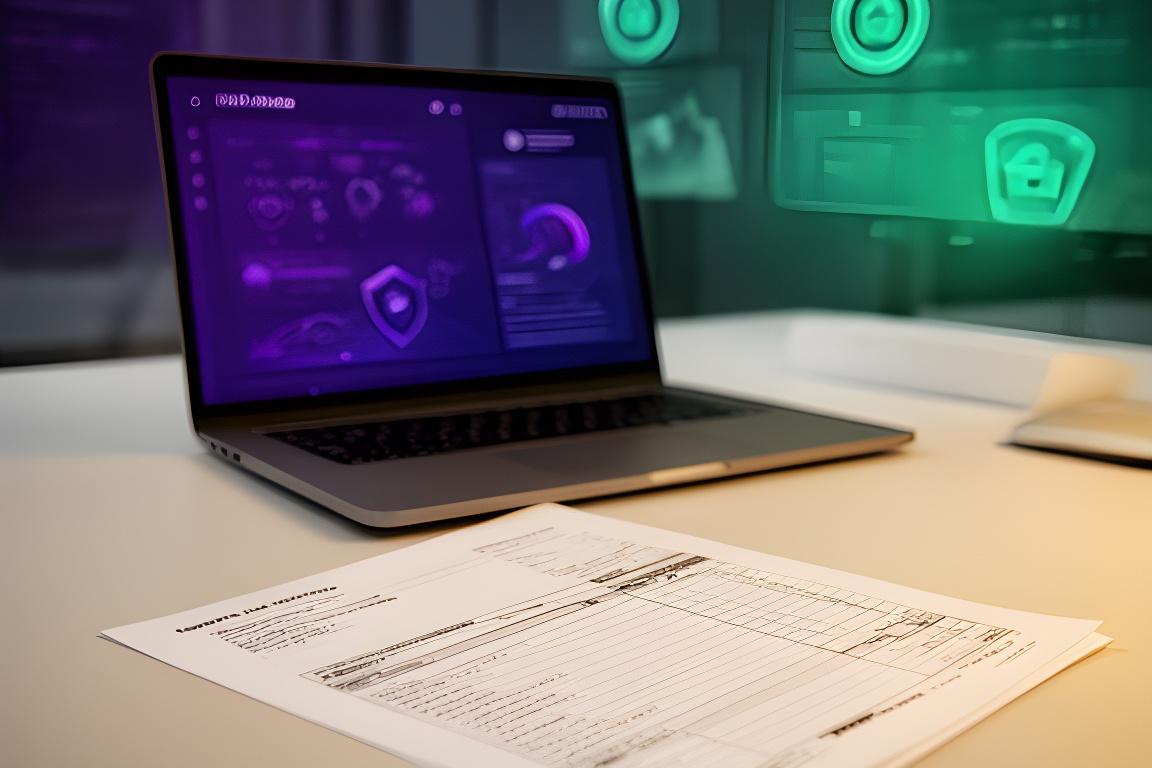 Laptop and paper invoice setup on a tidy desk with secure accounting dashboards on screen