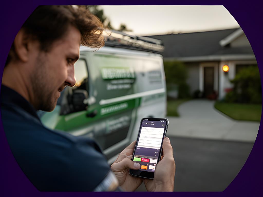 Plumber standing beside a service van and reviewing an invoice on a phone at a suburban driveway