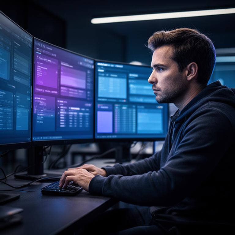 Lead developer testing accounting dashboards on dual monitors in a dark office