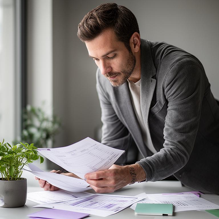 Founder reviewing invoice drafts beside a desk plant in a Vancouver workspace