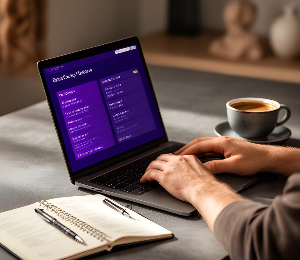 Freelancer reviewing online accounting terms on a laptop beside a notebook and coffee in a calm home office
