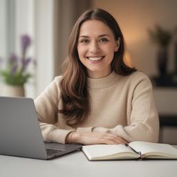 Virtual assistant smiling at a desk beside a laptop and notebook in a quiet home office
